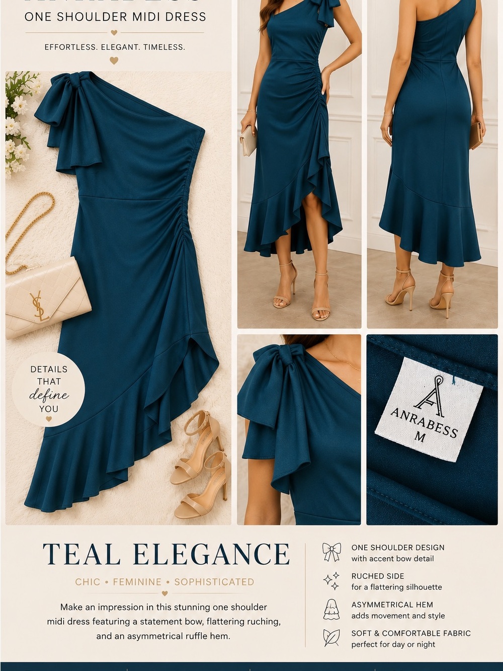 ANRABESS Teal One-Shoulder Asymmetrical Midi Dress